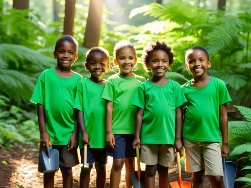 Grupo de niños diversos con camisetas verdes, sosteniendo herramientas de jardinería, en un bosque exuberante