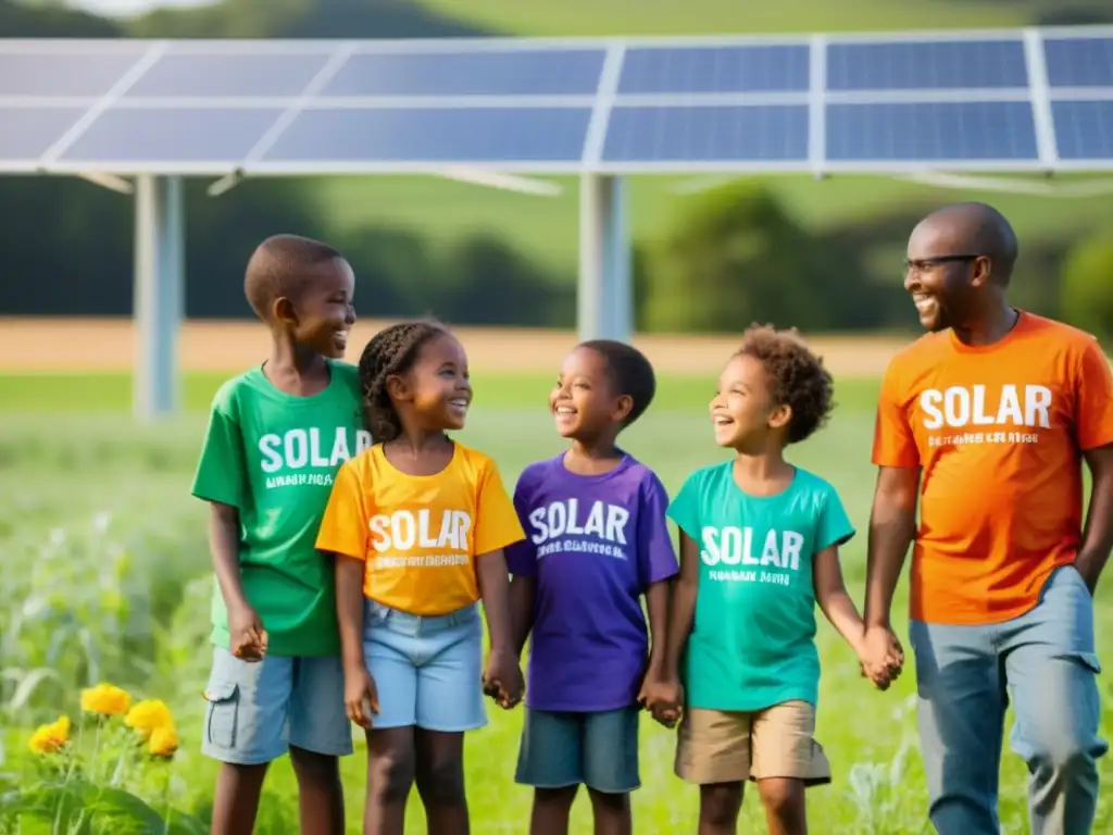 Un grupo de niños diversos en círculo alrededor de paneles solares en un campo verde, con expresiones de asombro y emoción