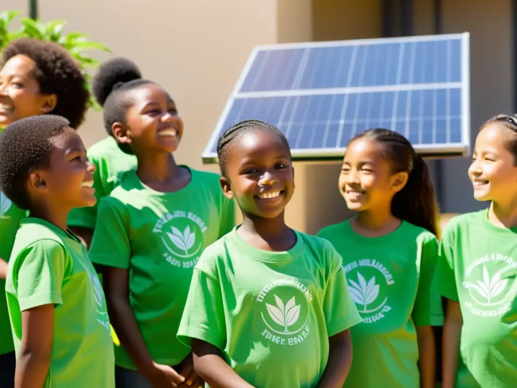 Grupo de niños en educación sobre energía sostenible, sosteniendo plantas en patio solar escolar