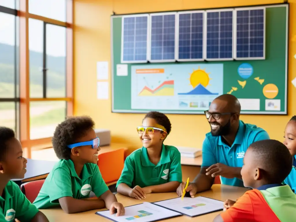 Grupo de niños aprendiendo sobre energía sostenible en aula moderna y brillante con su maestra