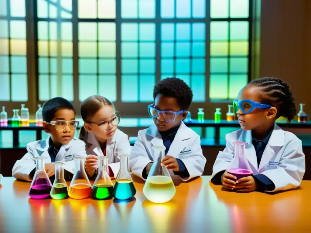 Grupo de niños entusiasmados realizando experimentos científicos bajo la guía de un maestro, en un ambiente cálido y lleno de luz natural