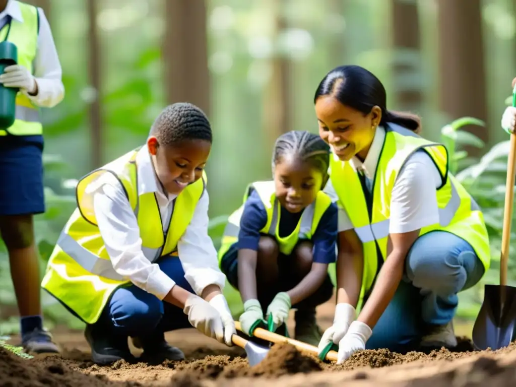 Grupo de niños escolares plantando árboles con educador ambiental para conservación efectiva