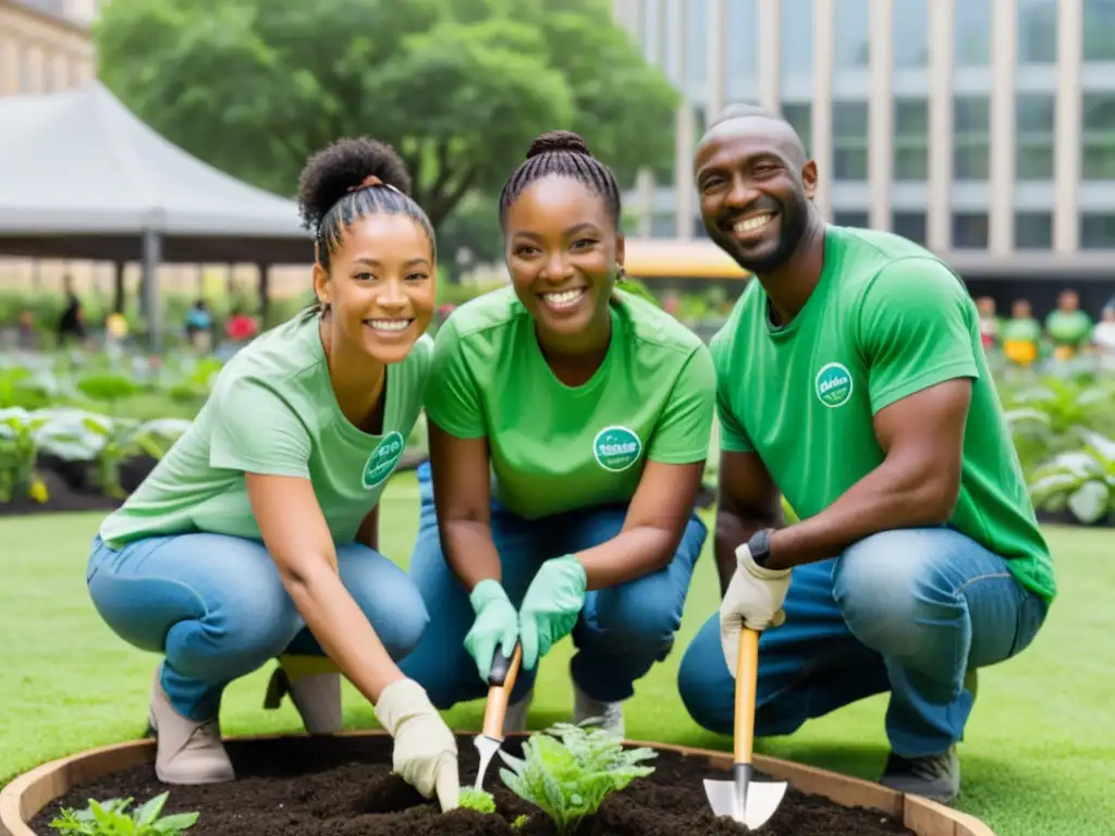 Un grupo de niños escolares con camisetas verdes, jardineando en la ciudad, creando conciencia ecológica con alegría y aprendizaje