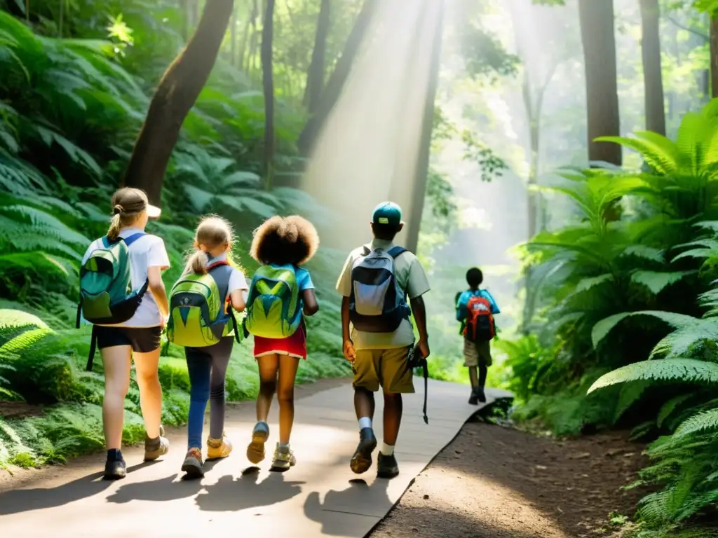 Un grupo de niños escolares de diversa procedencia camina por un sendero en el bosque, guiados por un guardabosques