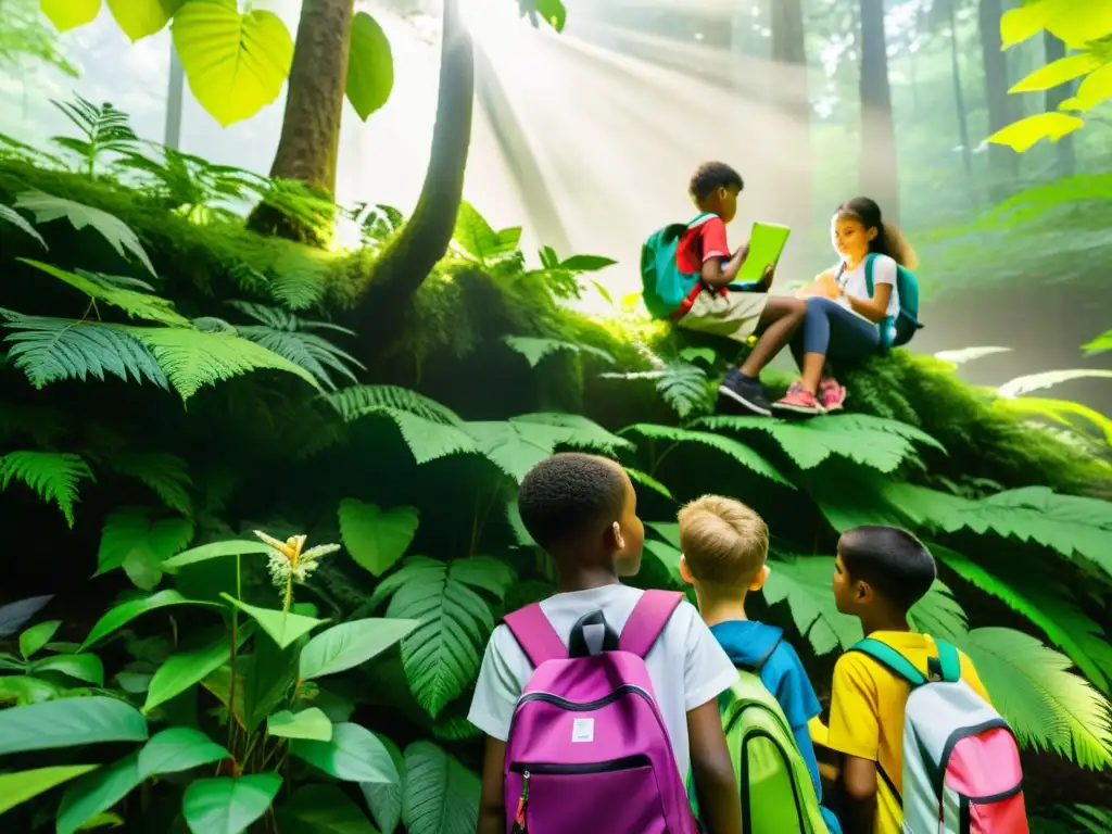 Un grupo de niños escolares diversos exploran la naturaleza con aplicaciones educativas, guiados por un experto en un bosque exuberante