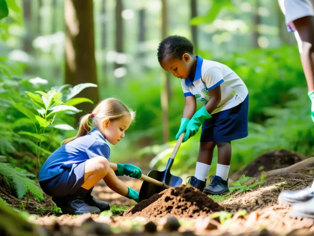 Un grupo de niños escolares diversos plantando árboles nativos en un bosque exuberante, con herramientas de educación ambiental y cuidado del planeta