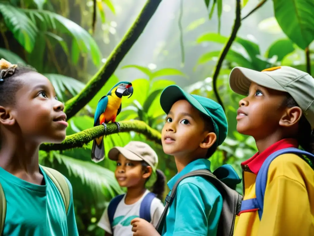 Un grupo de niños escolares observa maravillado una variedad de aves tropicales en la selva, mostrando los beneficios educativos del ecoturismo