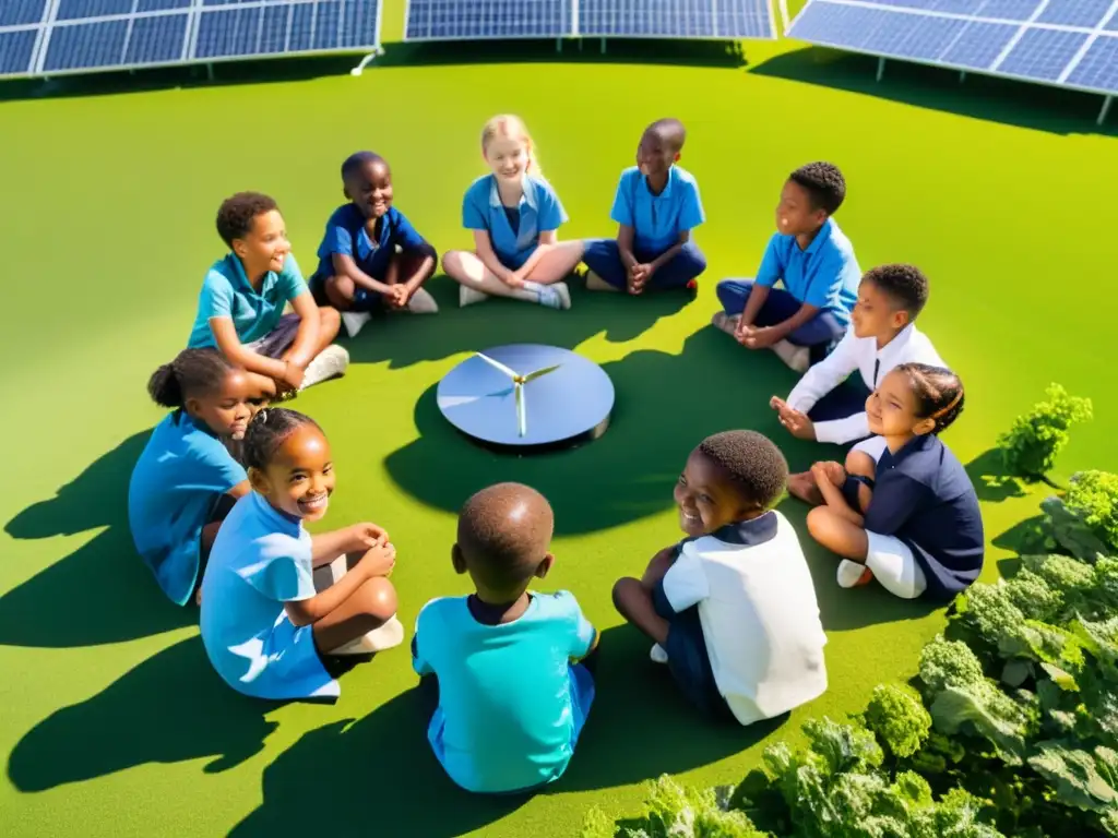 Un grupo de niños escolares construyendo modelos de energía renovable en un campo verde, rodeados de paneles solares y turbinas eólicas