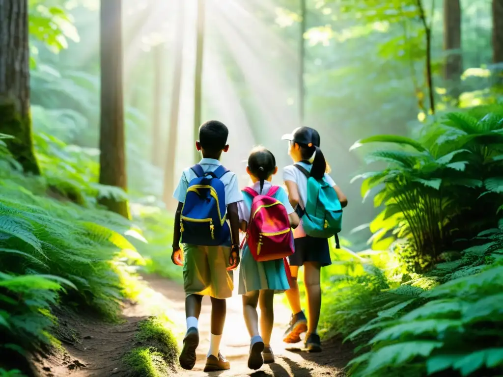 Un grupo de niños escolares camina por un sendero en el bosque, escuchando atentamente a un guía mientras aprenden sobre la naturaleza