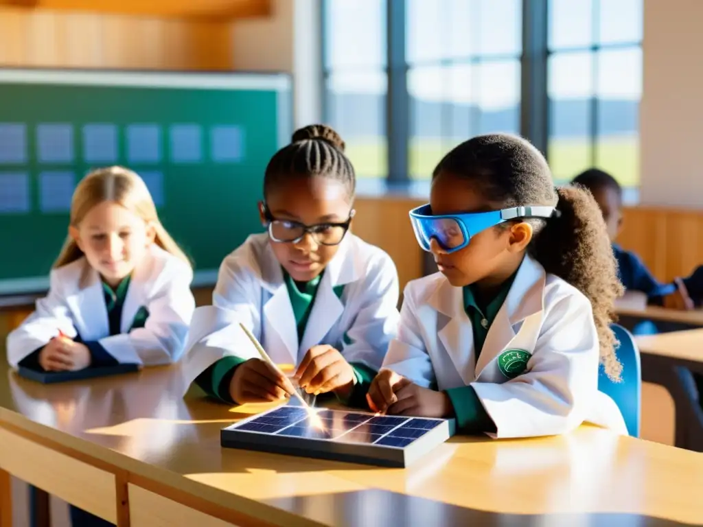 Grupo de niños realizando experimento de energía sostenible en aula moderna, con paneles solares, aerogeneradores y maqueta de represa