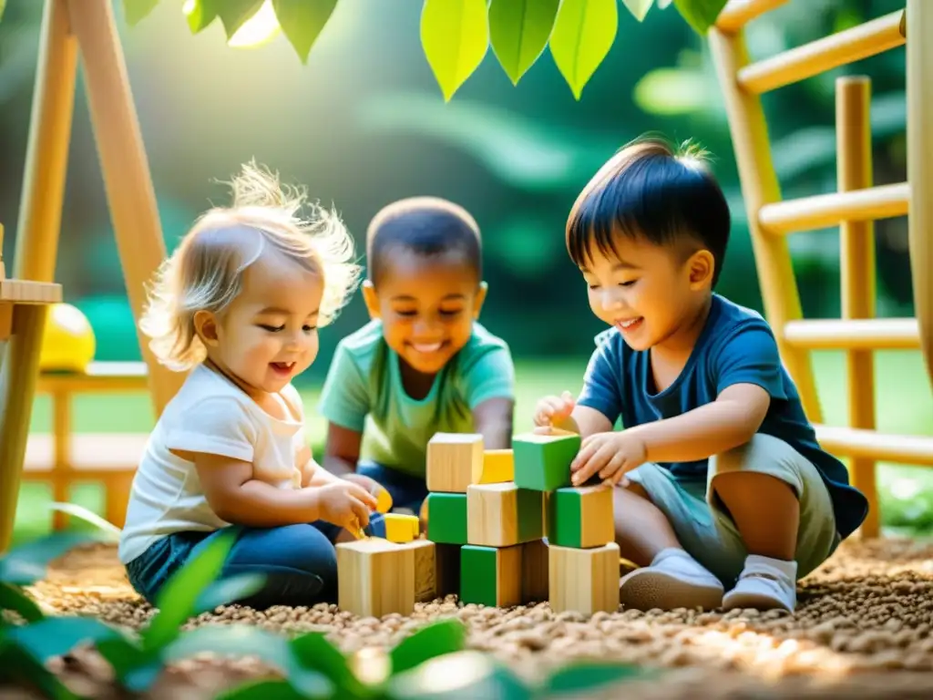 Grupo de niños felices jugando con juguetes ecológicos en un parque verde, inspirando diversión y creatividad