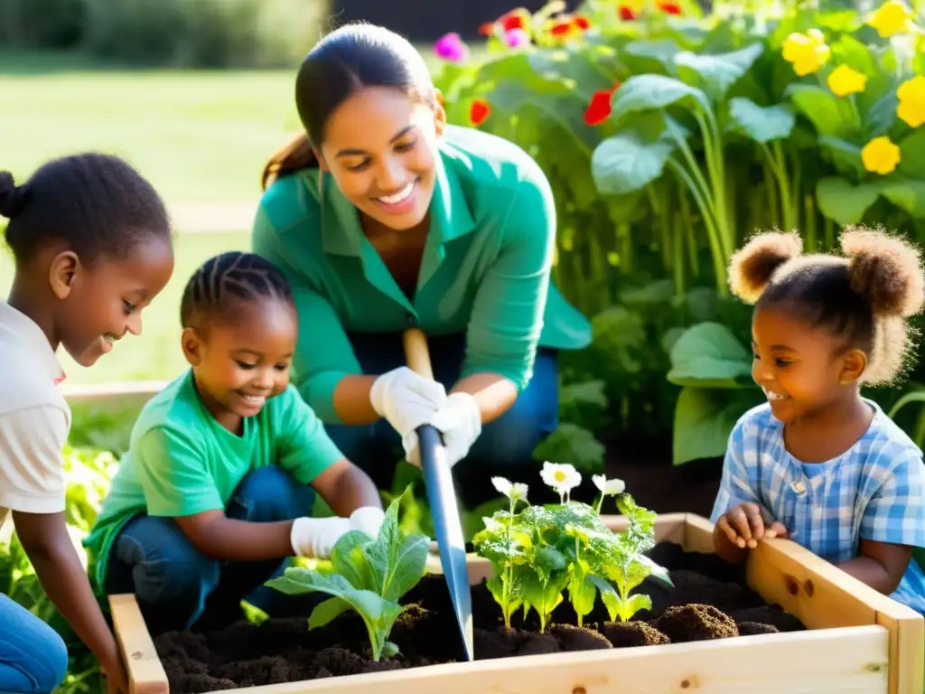 Un grupo de niños con guantes de jardinería y palas, rodeando un huerto con flores y vegetales