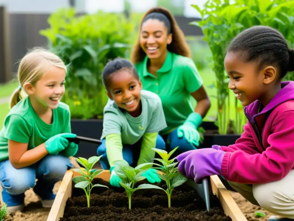 Un grupo de niños cuidando un huerto, guiados por un mentor