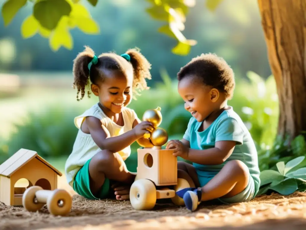 Grupo de niños disfrutando con juguetes ecológicos en un entorno natural lleno de luz dorada y alegría pura