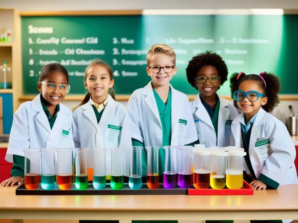 Grupo de niños en laboratorio científico, emocionados realizando experimentos de educación en ciencia ciudadana para conservacionistas