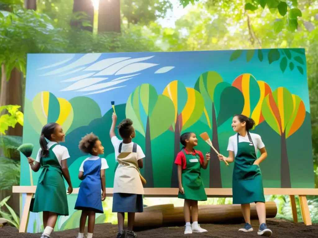 Grupo de niños pintando un mural vibrante de un ecosistema diverso en talleres interactivos educación ambiental