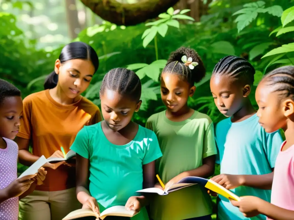 Grupo de niños explorando la naturaleza en el bosque, aprendiendo sobre conservación y biodiversidad con educación científica