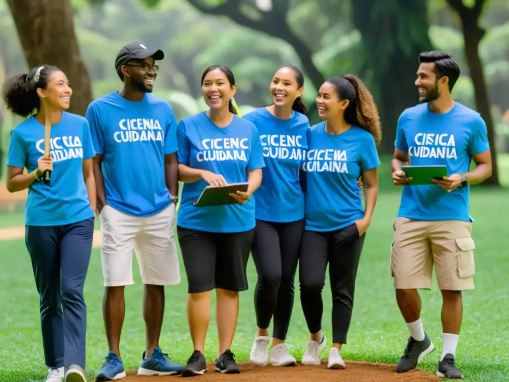 Un grupo de niños en un parque, usando camisetas azules con 'Ciencia Ciudadana' escrita