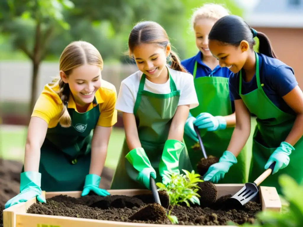 Un grupo de niños de primaria plantando árboles con entusiasmo en un jardín soleado