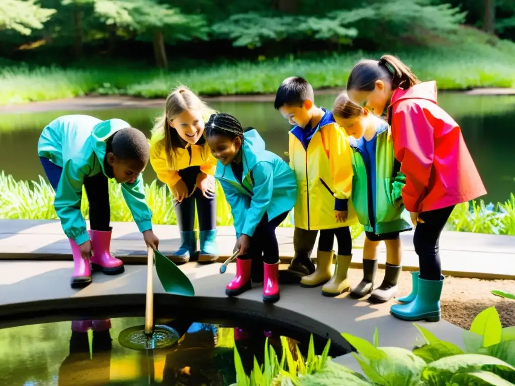 Grupo de niños en proyecto educación ambiental observando la vida acuática con alegría y entusiasmo