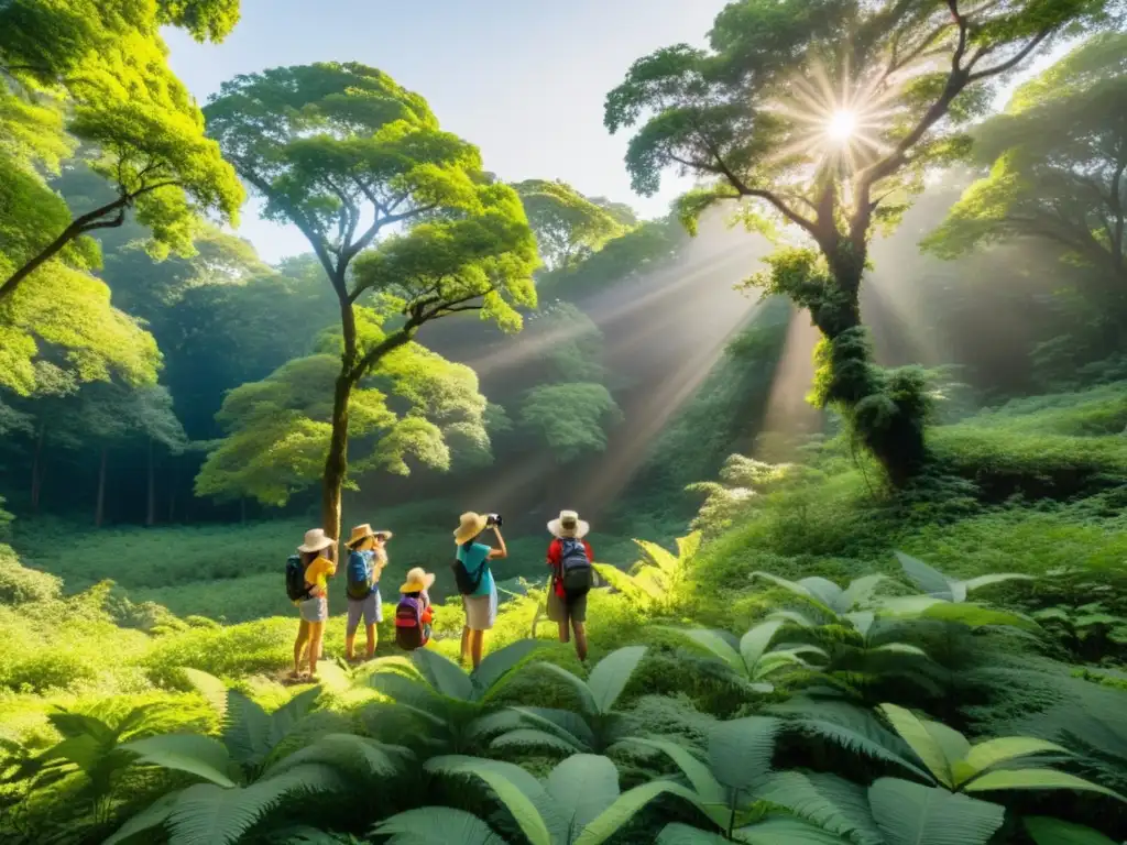 Un grupo de niños con sombreros de sol y binoculares exploran un bosque mientras un guía les enseña sobre aves