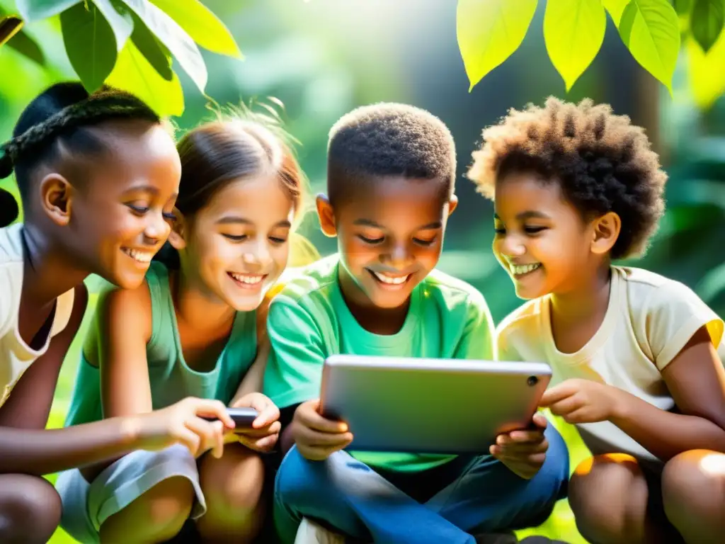 Un grupo de niños diversos juega en una tablet en un entorno al aire libre rodeado de naturaleza, aprendiendo ecología a través de juegos interactivos para aprender ecología