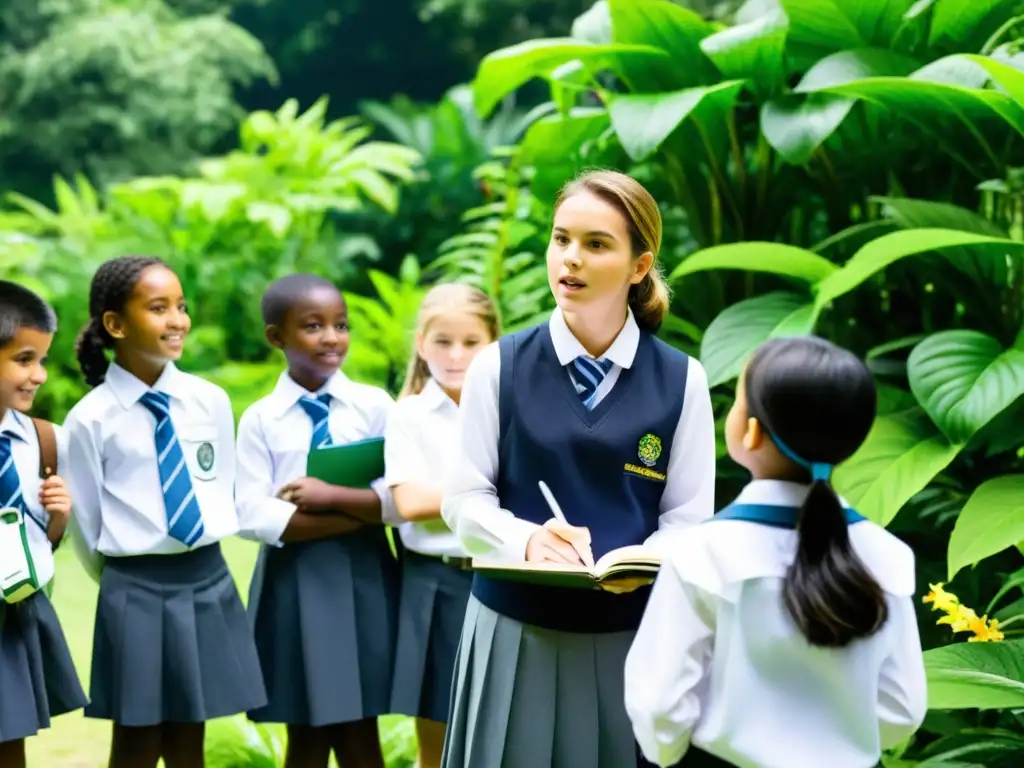 Un grupo de niños uniformados escucha atentamente a una botánica en un jardín botánico, rodeados de exuberante vegetación y flores coloridas