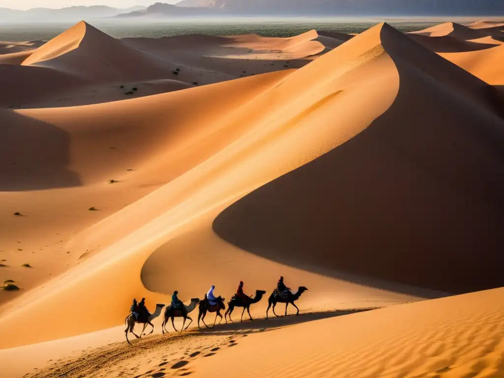 Un grupo de nómadas bereberes atraviesa las dunas del Sahara, creando un contraste vibrante con el paisaje dorado