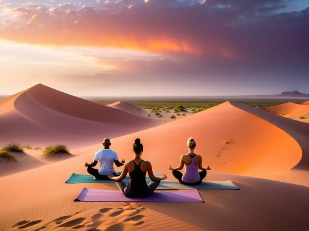 Un grupo en armonía practica yoga en un oasis desértico al amanecer, con el cálido resplandor del sol iluminando las dunas doradas y creando largas sombras dramáticas