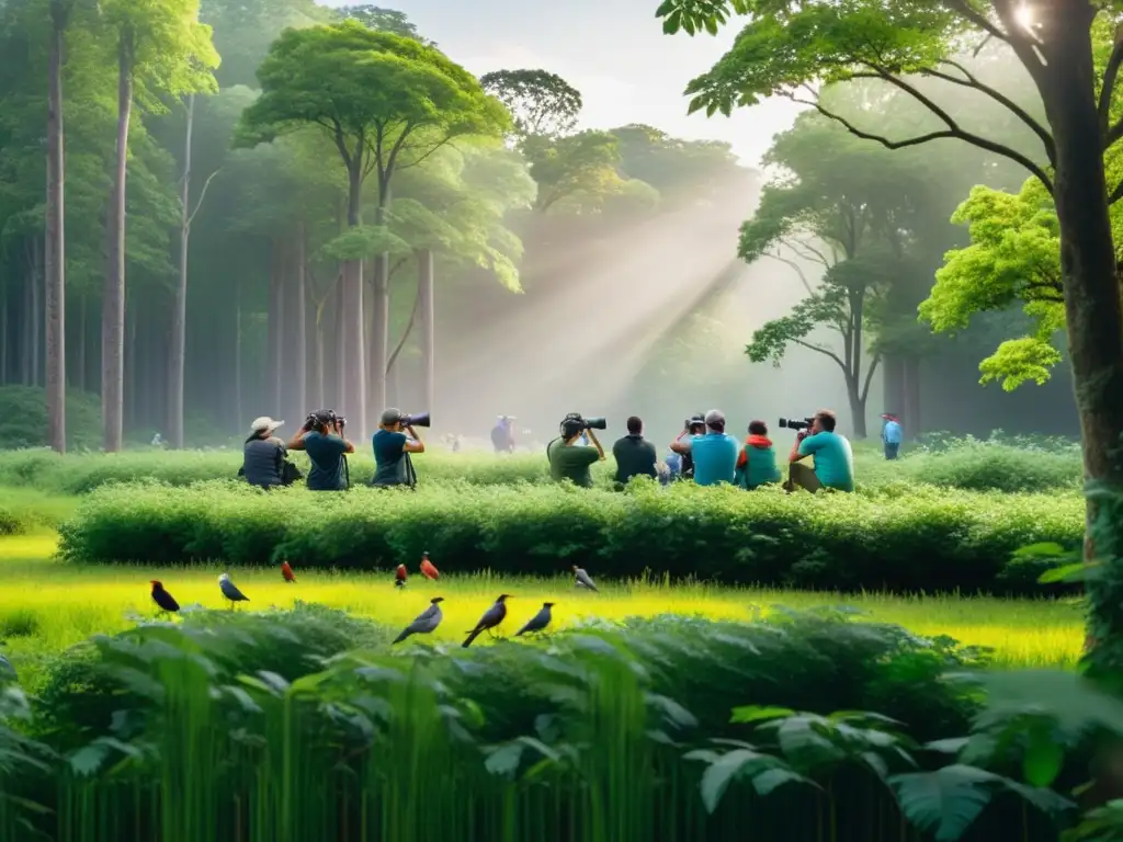 Grupo de observadores de aves con binoculares y cámaras en un exuberante bosque