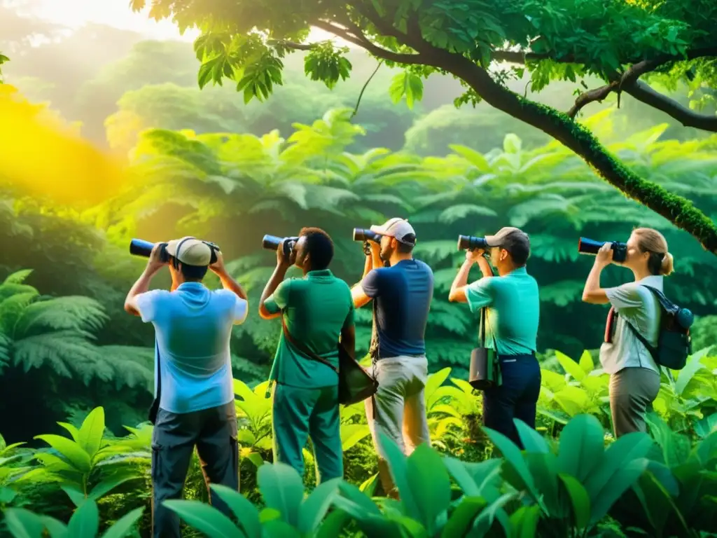 Un grupo de observadores de aves en un exuberante bosque, disfrutando del turismo ecológico para observación de aves