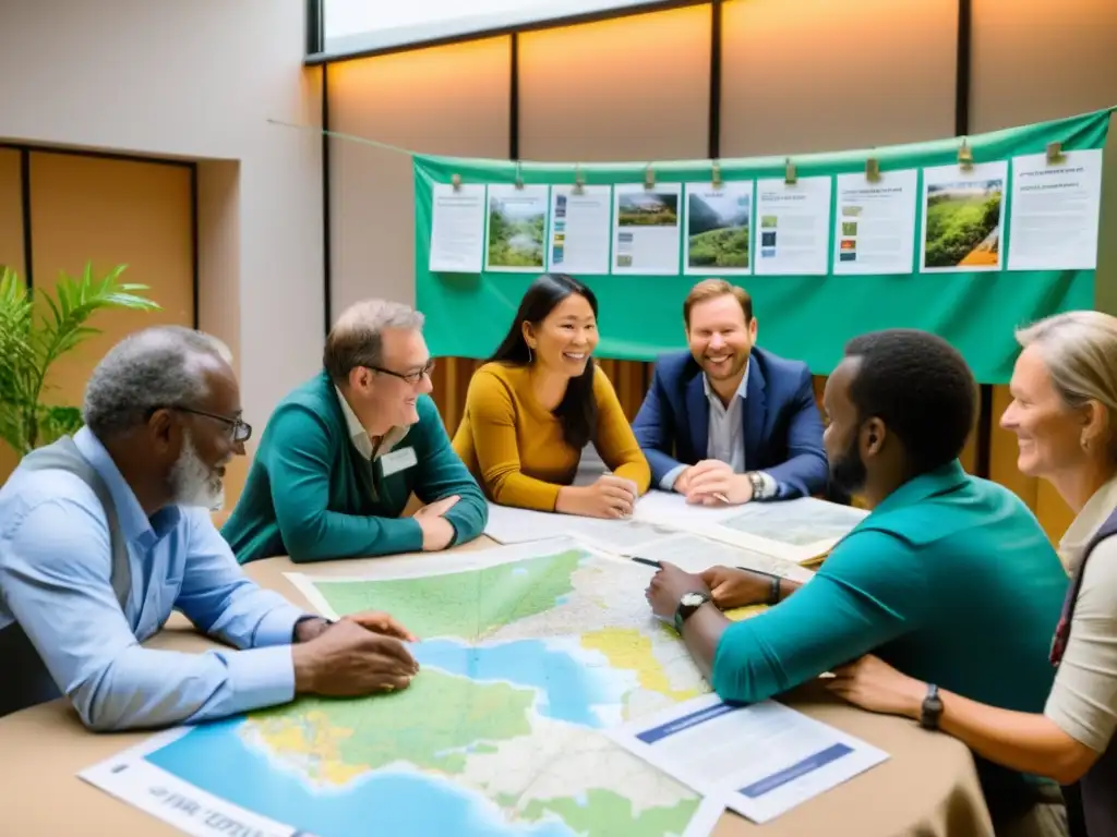 Grupo de ONGs y miembros de la comunidad discuten políticas de conservación en un ambiente cálido y apasionado con mapas y documentos