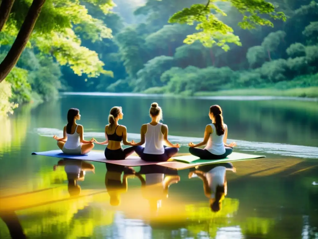 Un grupo en armonía practica yoga en las orillas verdes de un río tranquilo, reflejando serenidad