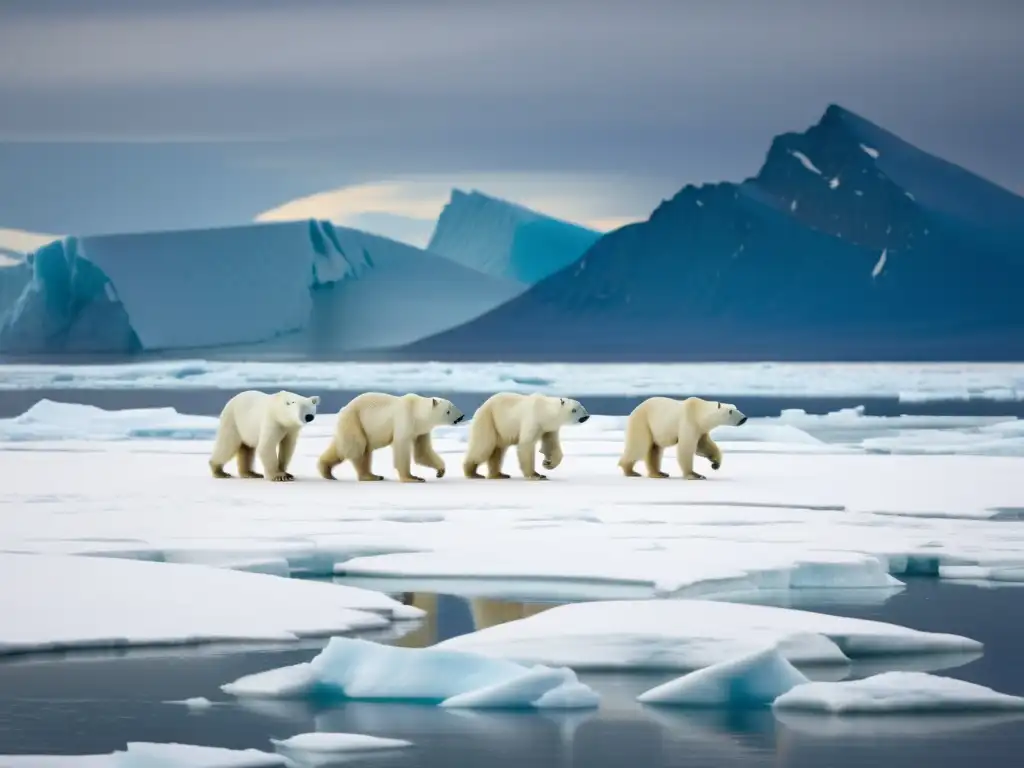 Un grupo de osos polares atraviesa un casquete de hielo que se derrite rápidamente, con el vasto océano Ártico extendiéndose detrás de ellos