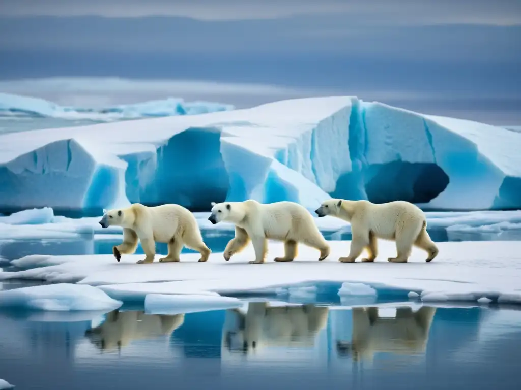 Grupo de osos polares en un deshielo rápido, reflejando la lucha por sobrevivir ante el impacto del cambio climático en la fauna terrestre