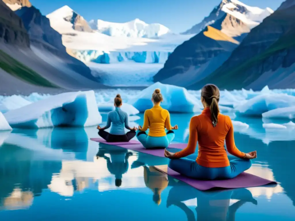 Un grupo de yoguis en paisajes helados realizando saludos al sol entre glaciares, fusionando movimiento humano con la naturaleza sublime