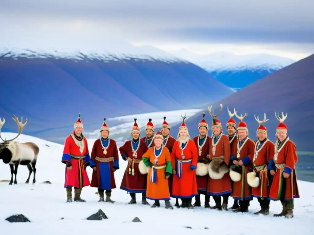 Un grupo de pastores de renos Sami, con trajes coloridos, rodeados de un paisaje nevado y majestuoso