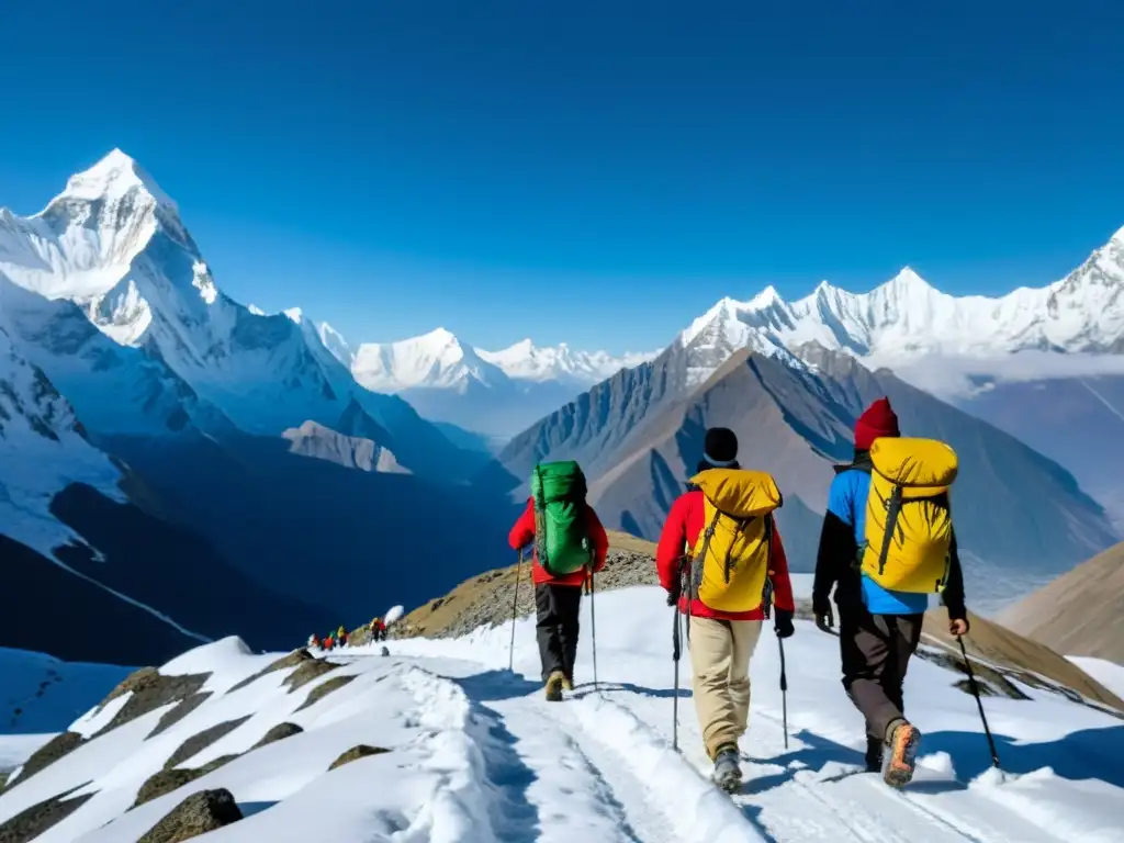 Un grupo de peregrinos en el Himalaya, con atuendos tradicionales, en armonía con la naturaleza, practicando peregrinaje sustentable