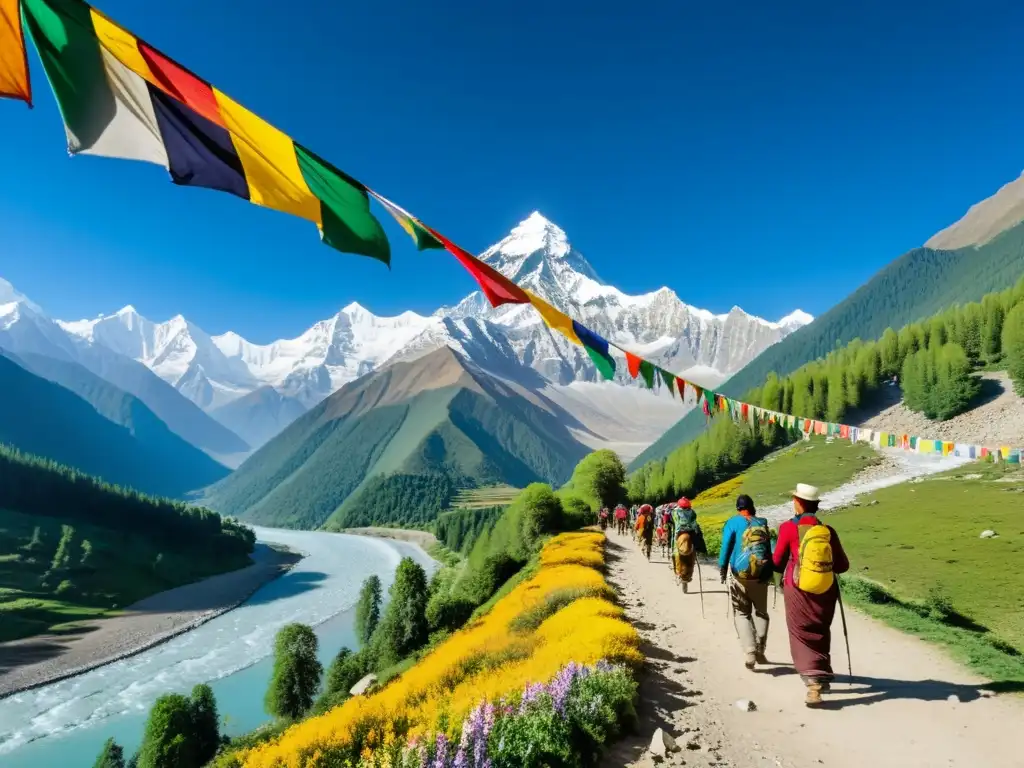 Grupo de peregrinos en peregrinaje sustentable por los majestuosos Himalayas, entre ecosistemas vibrantes