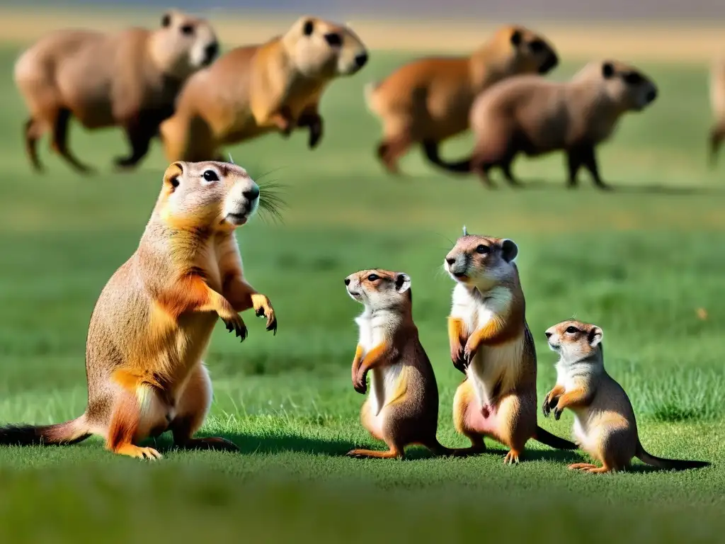 Grupo de perritos de la pradera interactuando con manada de bisontes en la vasta pradera, mostrando la estructura social animales pradera