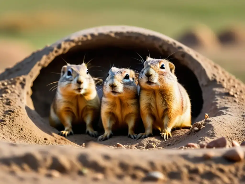 Un grupo de perros de la pradera se reúne en su madriguera, mostrando la estructura social de los animales de la pradera