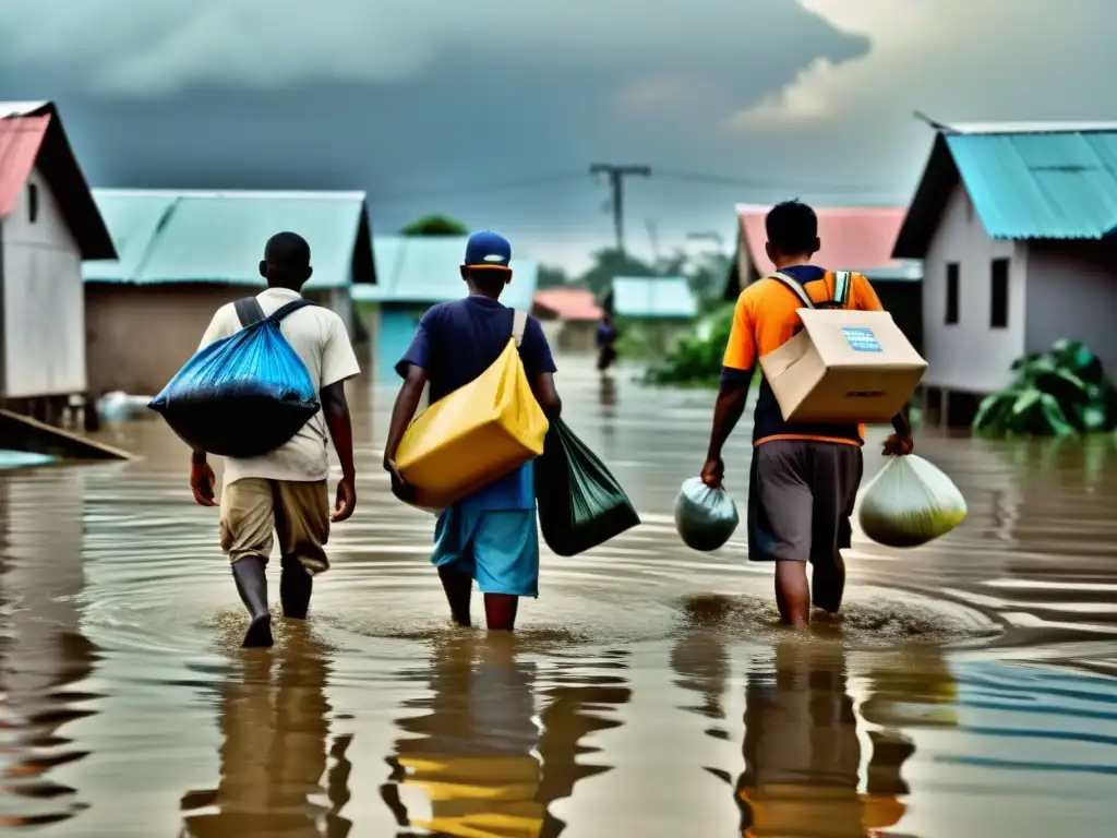 Grupo de personas caminando entre aguas de inundación, reflejando el desplazamiento humano por cambio climático y su impacto en la comunidad