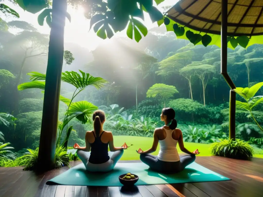 Un grupo de personas en armonía practicando yoga en la exuberante Amazonía, rodeados de paz y naturaleza