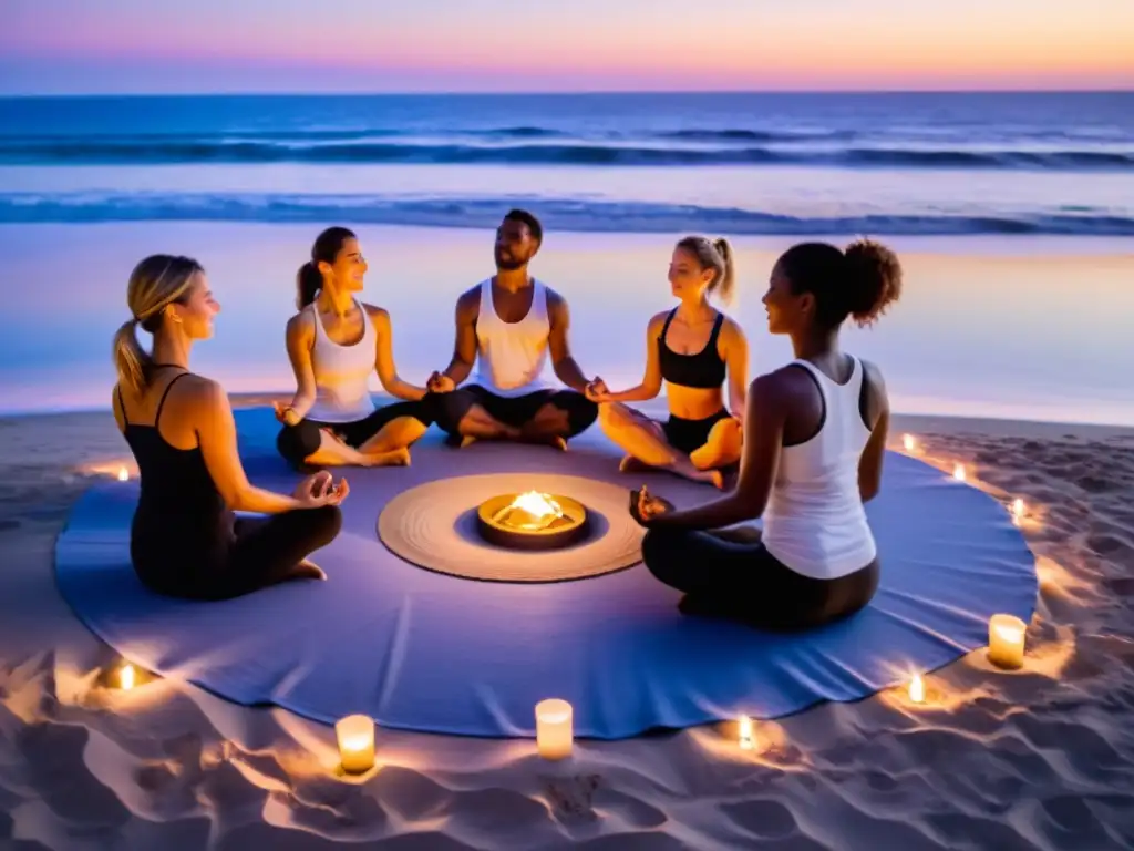 Un grupo de personas serenas practica yoga bajo las estrellas en el desierto, iluminados por la suave luz de las velas