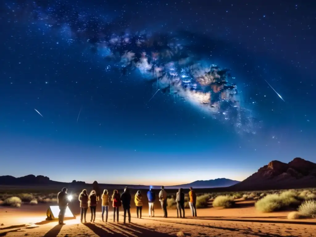 Un grupo de personas disfruta de un tour estelar en un desierto, apreciando la belleza del cielo nocturno