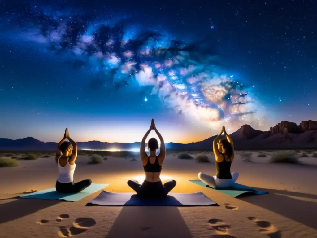 Un grupo de personas practicando yoga bajo las estrellas en el desierto, conectándose con el universo a través de la serenidad de la noche