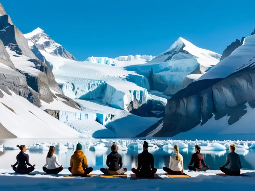 Un grupo de personas practica yoga entre glaciares en paisajes helados, transmitiendo paz y serenidad