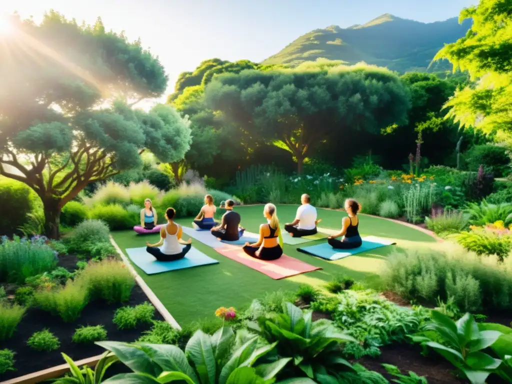 Grupo de personas practicando yoga en un jardín de permacultura, integración de yoga en la naturaleza