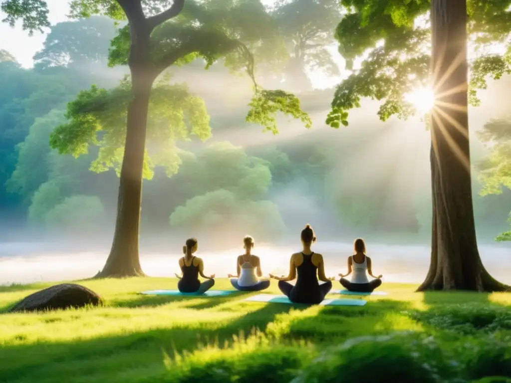 Grupo de personas practicando yoga en un prado verde exuberante rodeado de árboles antiguos en un bosque denso