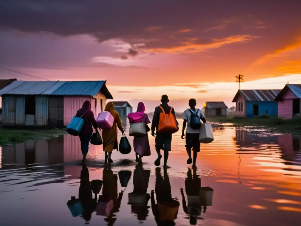 Grupo camina con pertenencias por carretera inundada al atardecer, reflejando lucha de refugiados ambientales por cambio climático